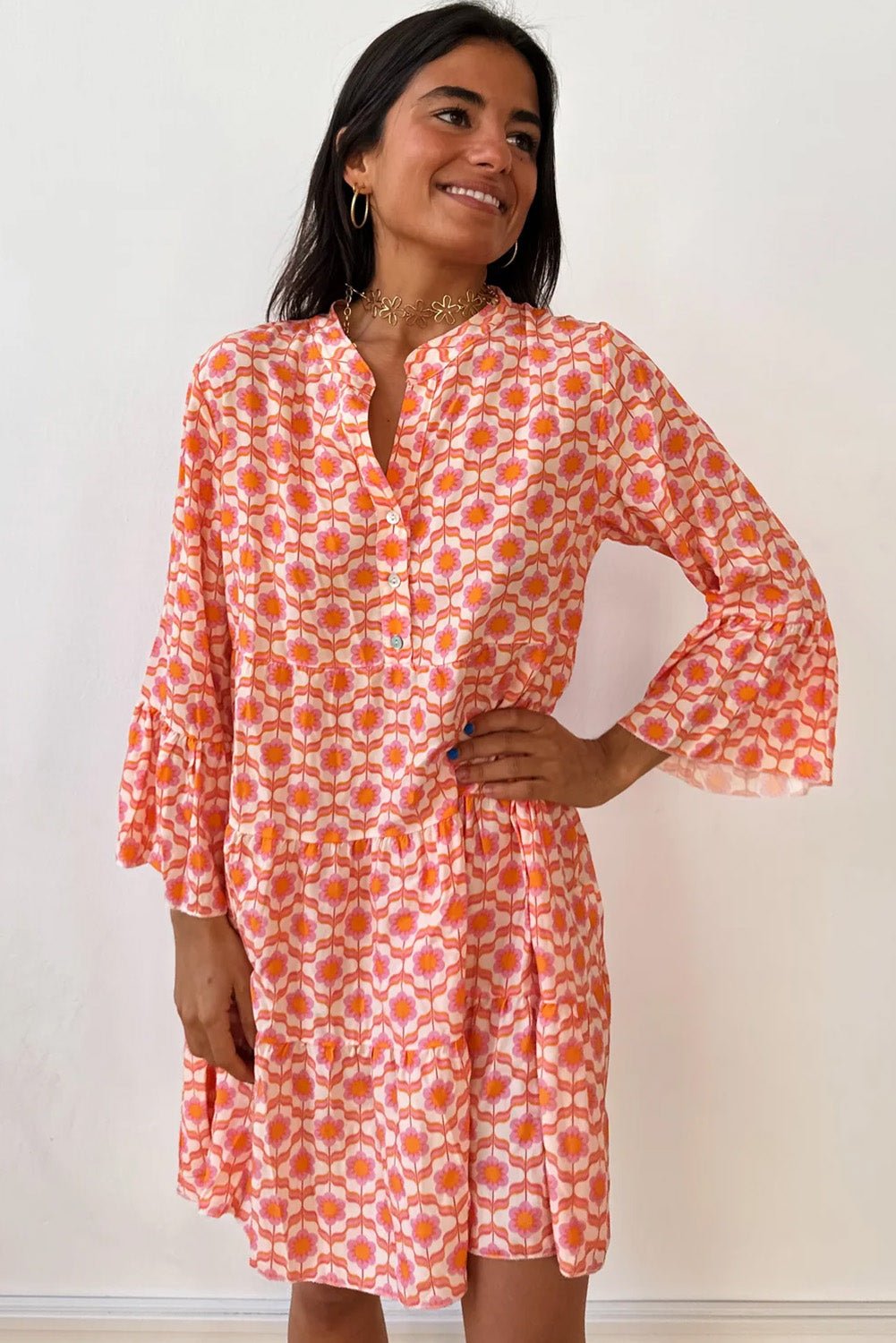 Orange Floral Print Flounce Sleeve Buttoned Front Mini Dress - Blu Lotus Boutique