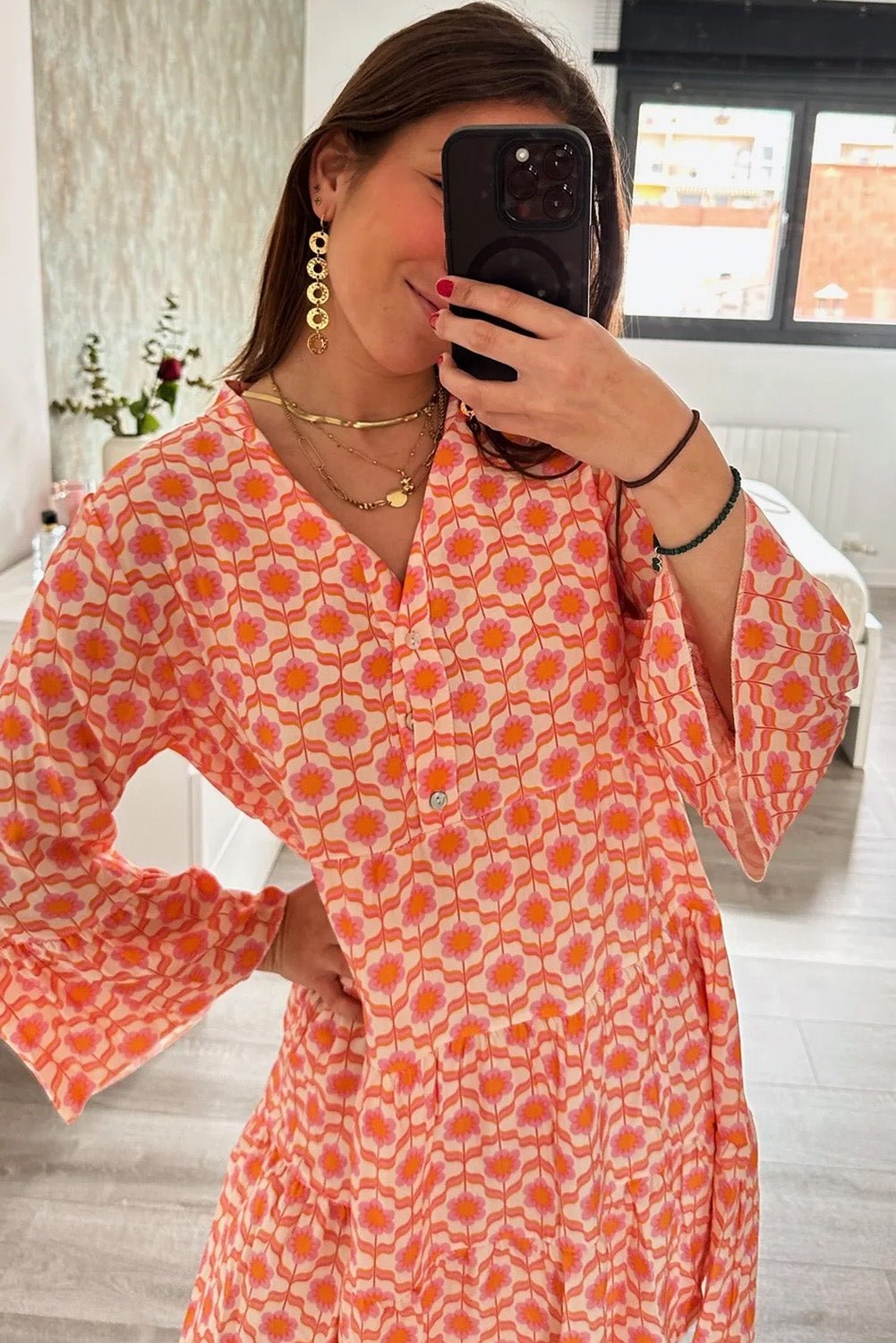 Orange Floral Print Flounce Sleeve Buttoned Front Mini Dress - Blu Lotus Boutique