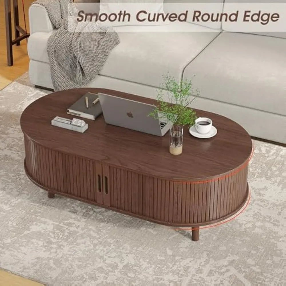Oval Coffee Table, Mid Century Modern Coffee Table with Sliding Tambour Door, Fluted Center Table with Hidden Storage, Curved P - Blu Lotus Boutique