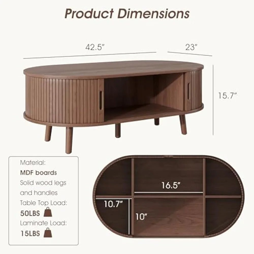 Oval Coffee Table, Mid Century Modern Coffee Table with Sliding Tambour Door, Fluted Center Table with Hidden Storage, Curved P - Blu Lotus Boutique