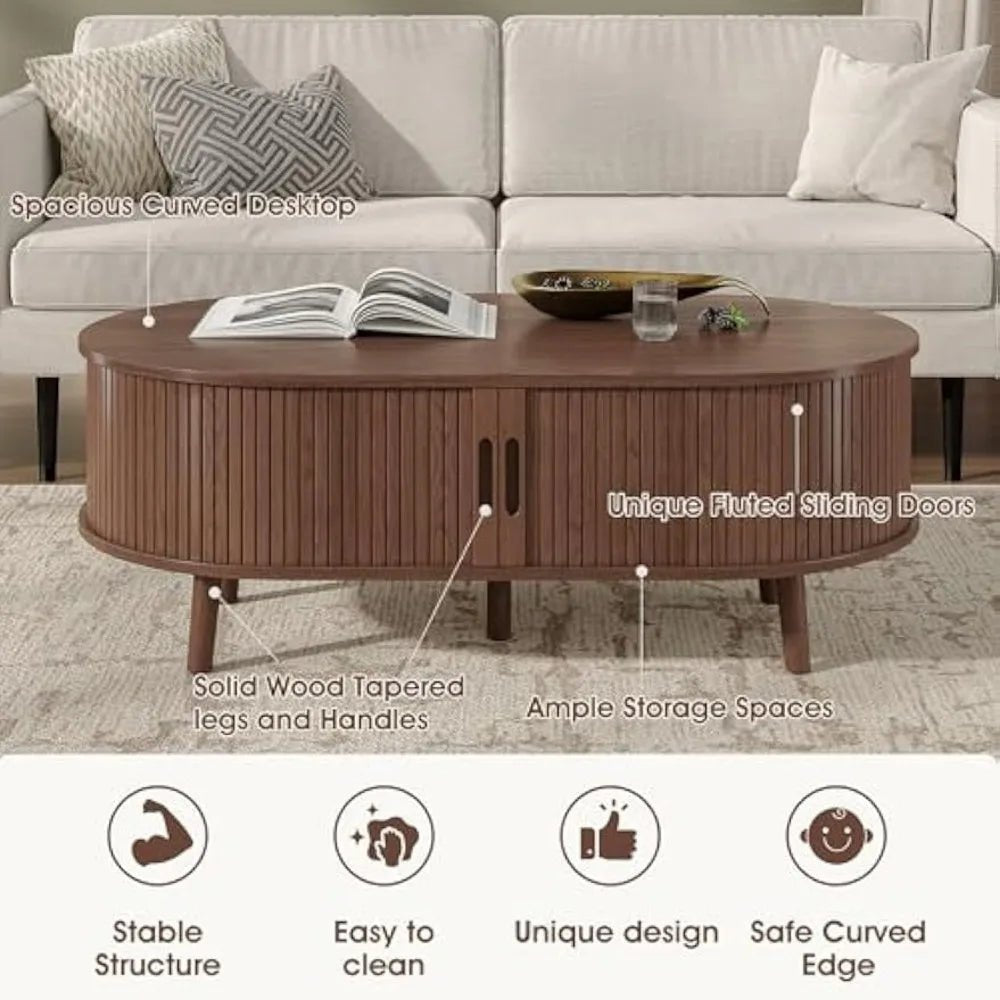 Oval Coffee Table, Mid Century Modern Coffee Table with Sliding Tambour Door, Fluted Center Table with Hidden Storage, Curved P - Blu Lotus Boutique