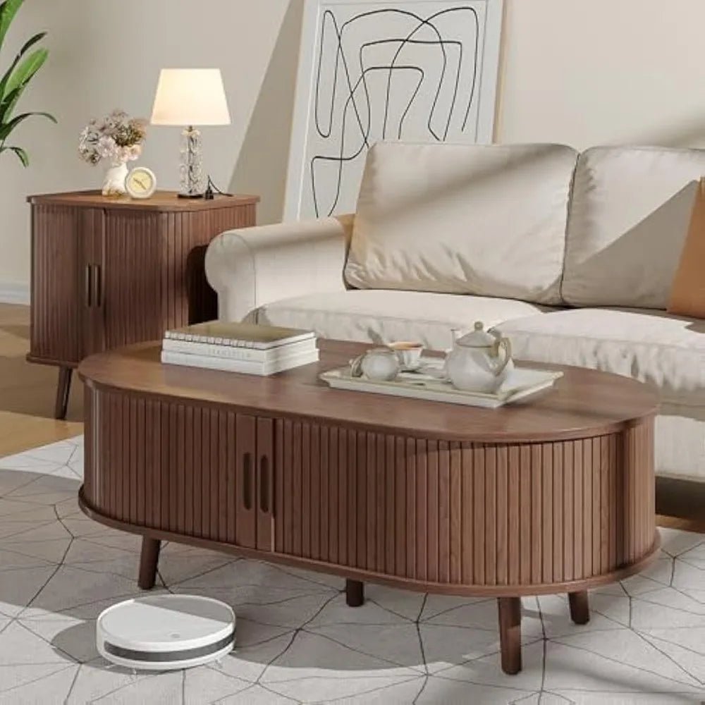 Oval Coffee Table, Mid Century Modern Coffee Table with Sliding Tambour Door, Fluted Center Table with Hidden Storage, Curved P - Blu Lotus Boutique