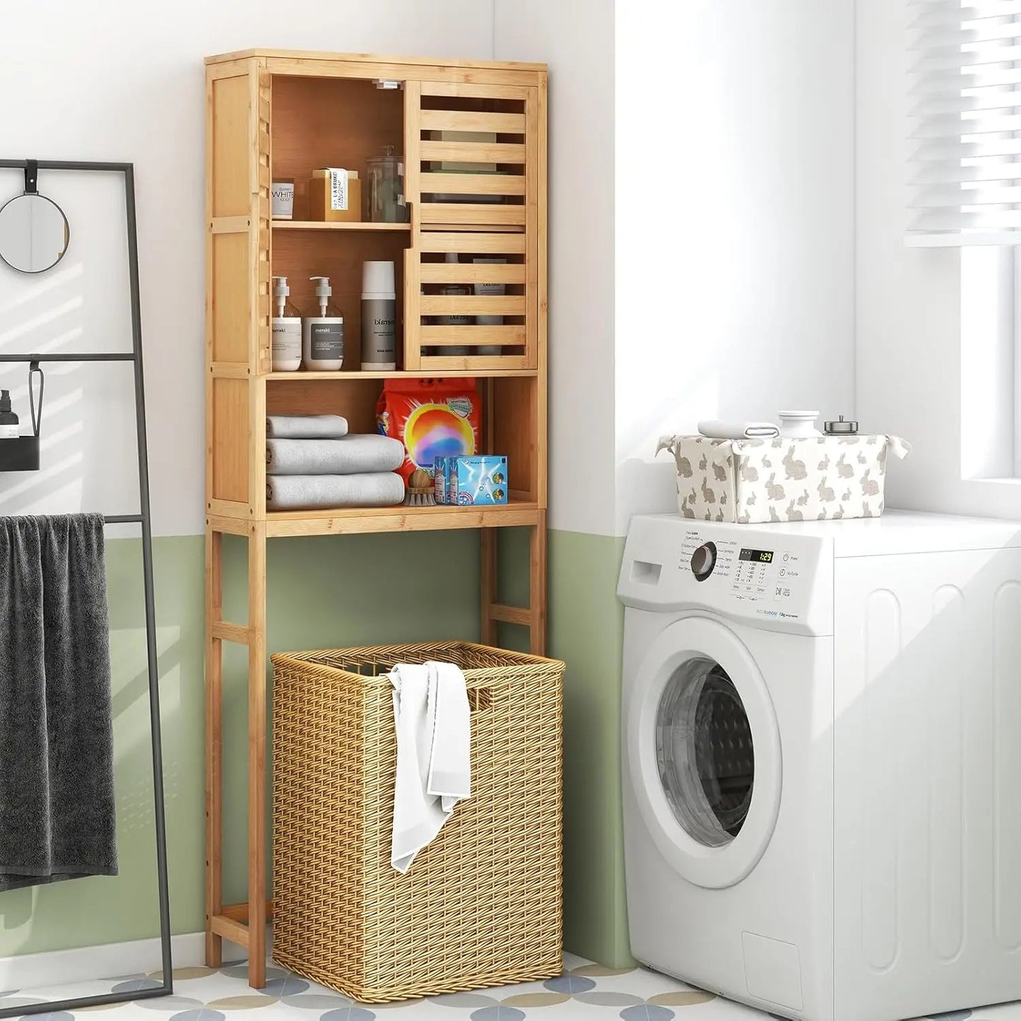 Over The Toilet Storage Cabinet, Tall Natural Bamboo Bathroom Shelf Over Toilet with 2 Doors & Open Shelf, Freestanding Toilet - Blu Lotus Boutique