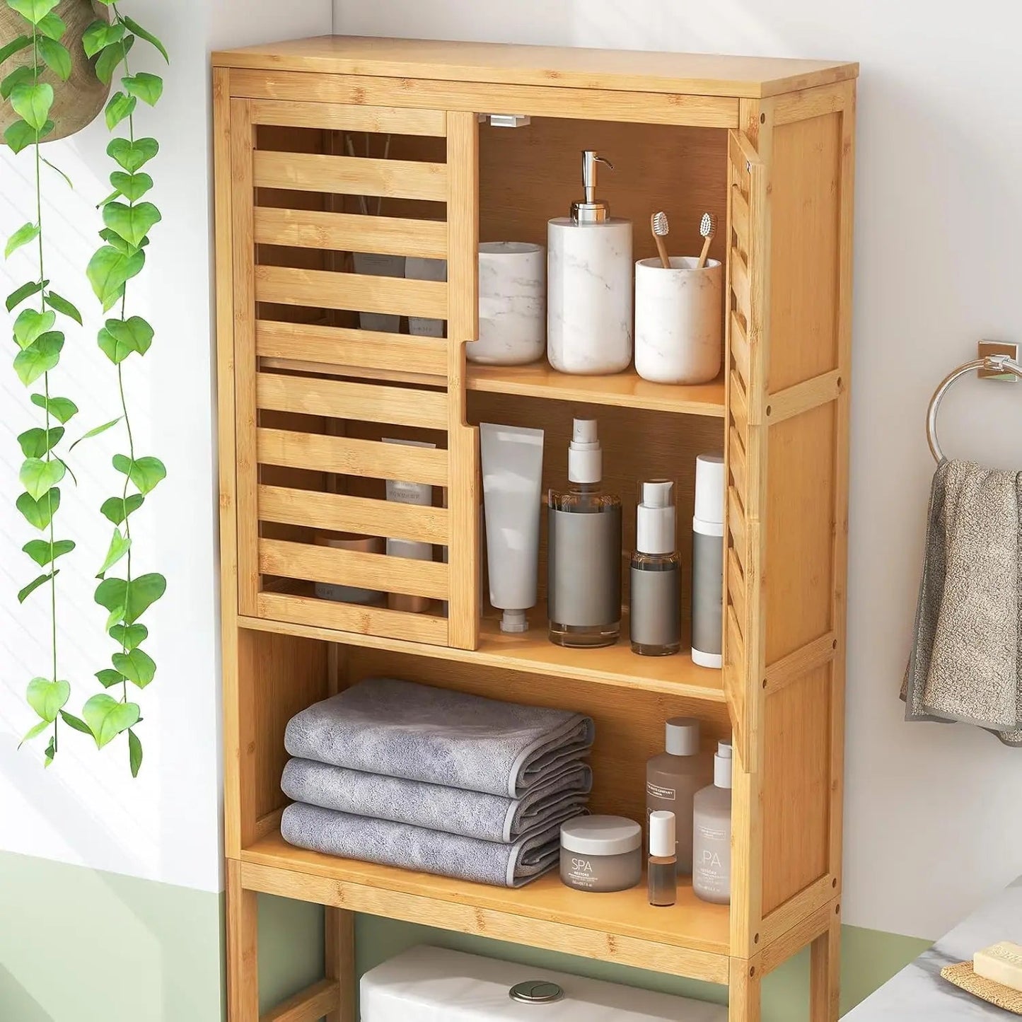 Over The Toilet Storage Cabinet, Tall Natural Bamboo Bathroom Shelf Over Toilet with 2 Doors & Open Shelf, Freestanding Toilet - Blu Lotus Boutique
