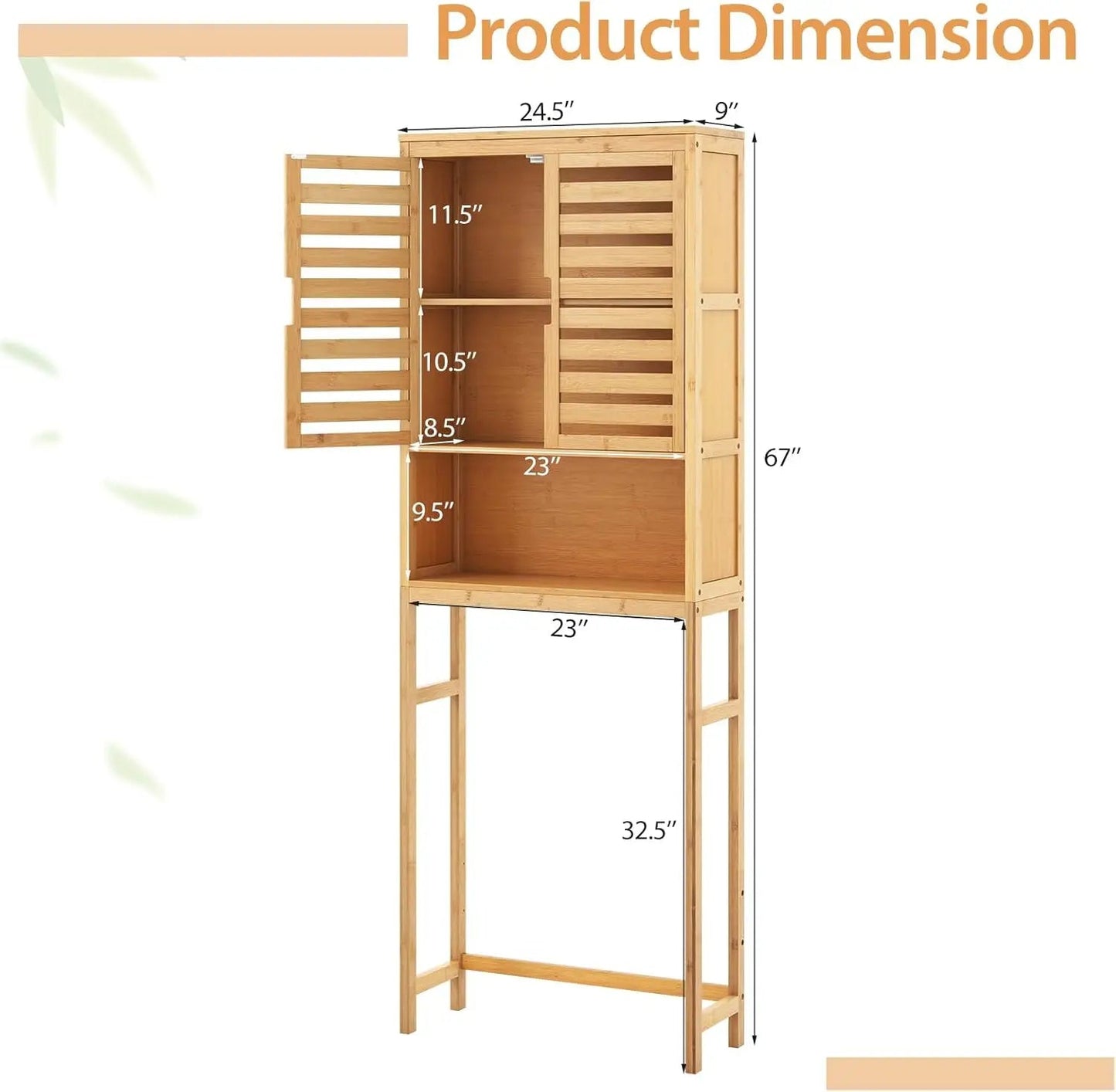 Over The Toilet Storage Cabinet, Tall Natural Bamboo Bathroom Shelf Over Toilet with 2 Doors & Open Shelf, Freestanding Toilet - Blu Lotus Boutique