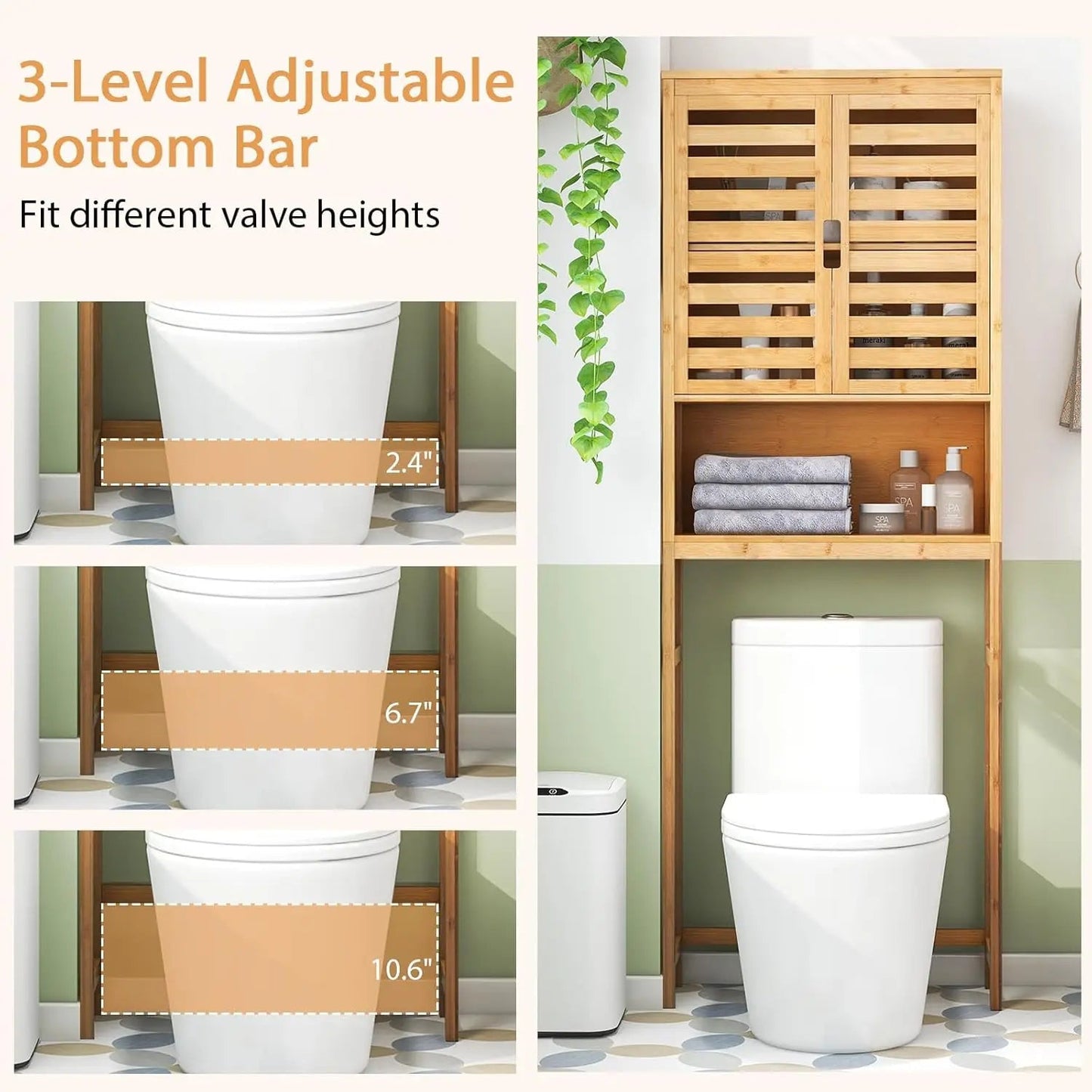 Over The Toilet Storage Cabinet, Tall Natural Bamboo Bathroom Shelf Over Toilet with 2 Doors & Open Shelf, Freestanding Toilet - Blu Lotus Boutique