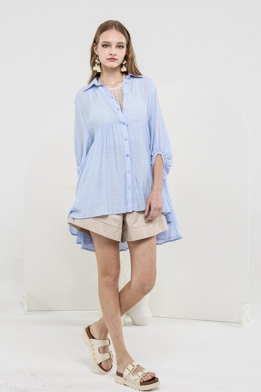 Oversized Button - down Babydoll Tunic Top - Blu Lotus Boutique