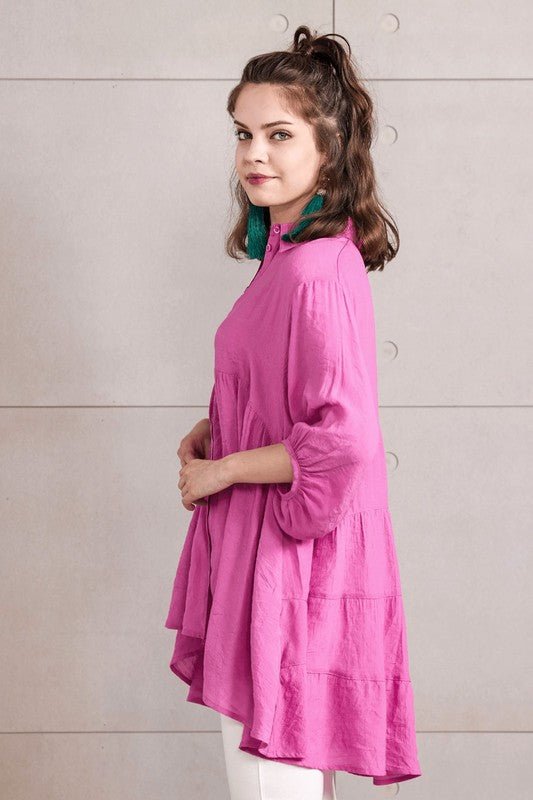 Oversized Button - down Babydoll Tunic Top - Blu Lotus Boutique