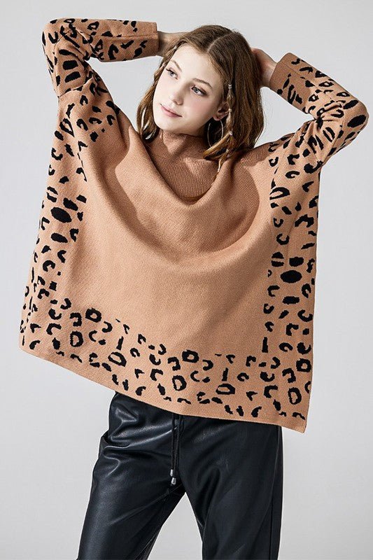 Oversized Mock Neck Leopard Print Sweater Tunic - Blu Lotus Boutique