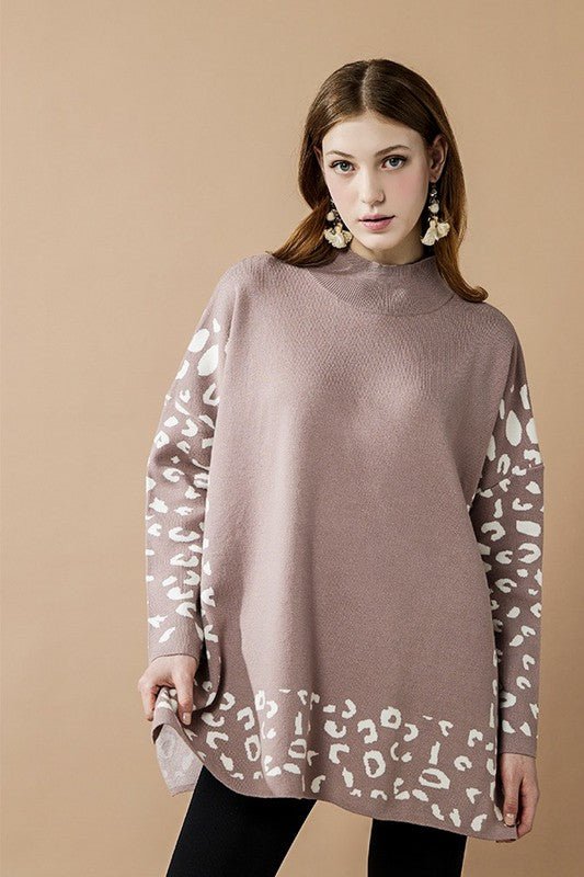 Oversized Mock Neck Leopard Print Sweater Tunic - Blu Lotus Boutique