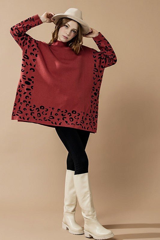 Oversized Mock Neck Leopard Print Sweater Tunic - Blu Lotus Boutique