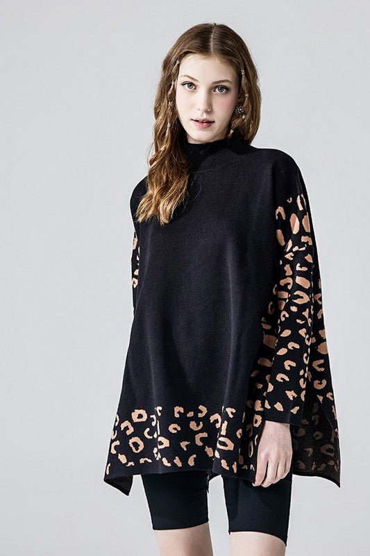 Oversized Mock Neck Leopard Print Sweater Tunic - Blu Lotus Boutique