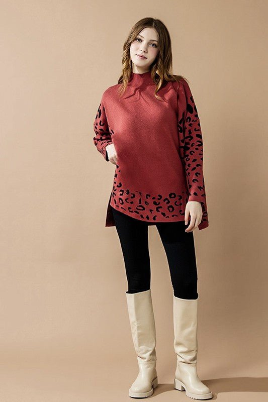 Oversized Mock Neck Leopard Print Sweater Tunic - Blu Lotus Boutique
