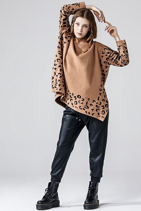 Oversized Mock Neck Leopard Print Sweater Tunic - Blu Lotus Boutique