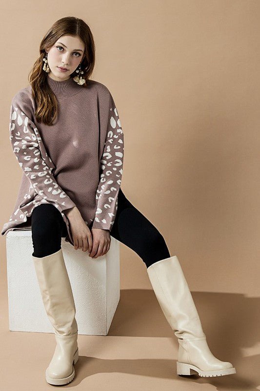 Oversized Mock Neck Leopard Print Sweater Tunic - Blu Lotus Boutique