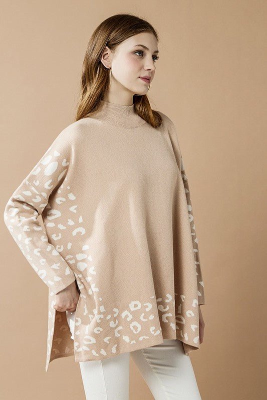Oversized Mock Neck Leopard Print Sweater Tunic - Blu Lotus Boutique