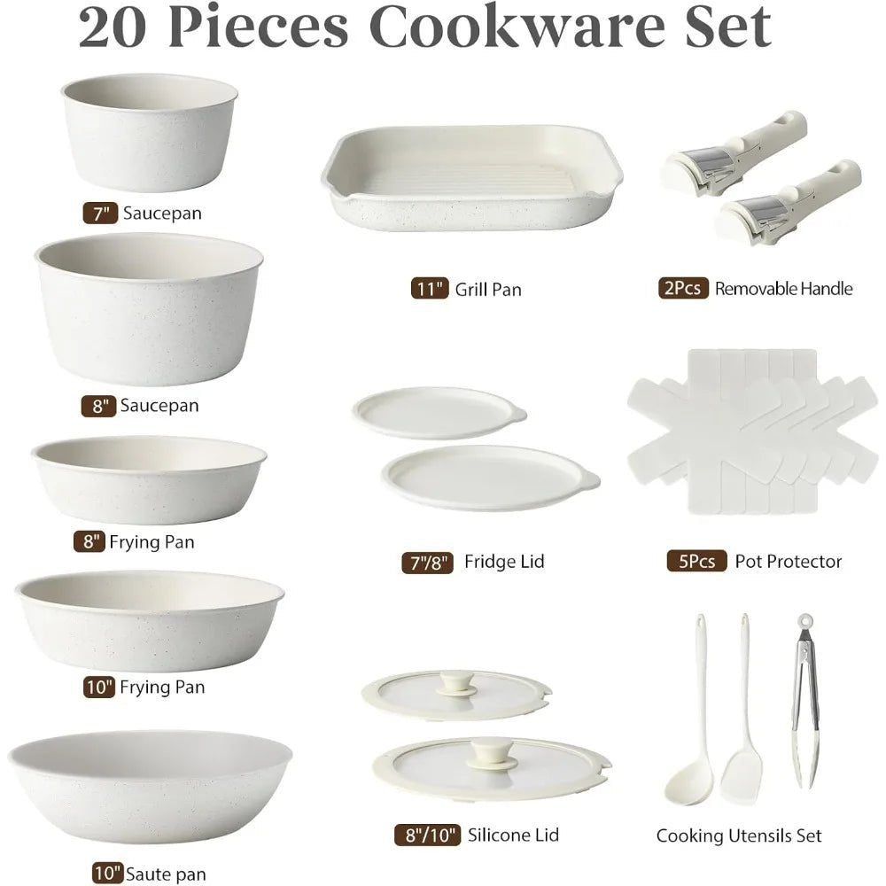 Pans Set Non Stick, Ceramic Cookware Set Detachable Handle,RV Kitchen Cooking Set Removeable Handles,Oven Safe, Induction Ready - Blu Lotus Boutique