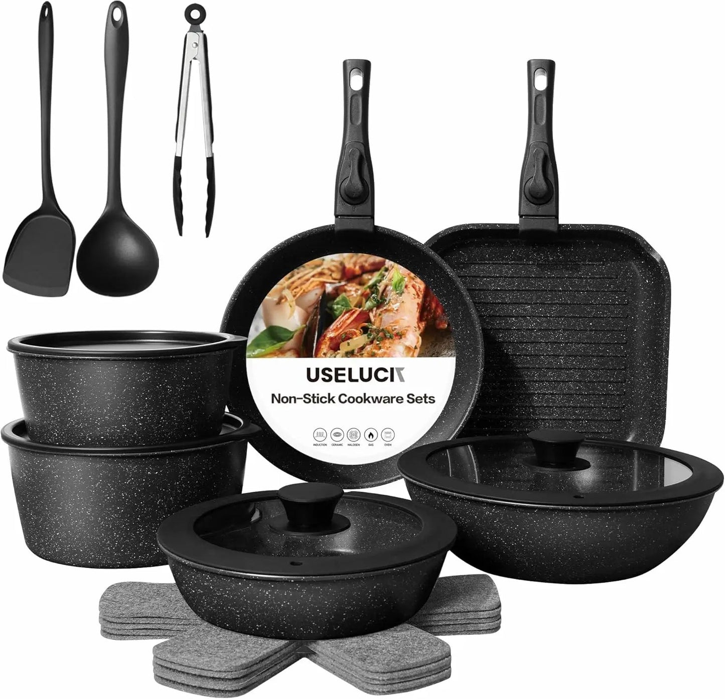 Pans Set Non Stick, Ceramic Cookware Set Detachable Handle,RV Kitchen Cooking Set Removeable Handles,Oven Safe, Induction Ready - Blu Lotus Boutique