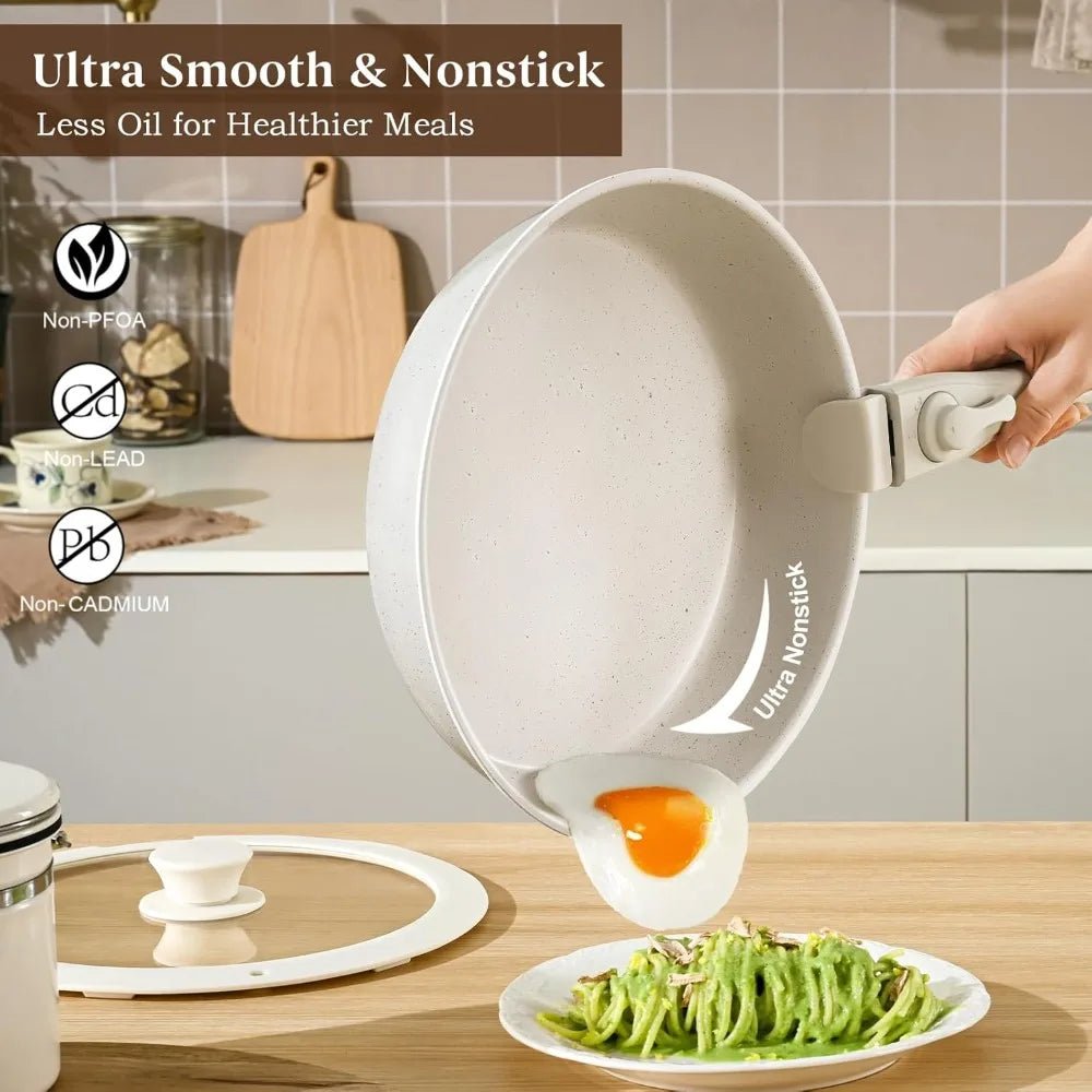 Pans Set Non Stick, Ceramic Cookware Set Detachable Handle,RV Kitchen Cooking Set Removeable Handles,Oven Safe, Induction Ready - Blu Lotus Boutique