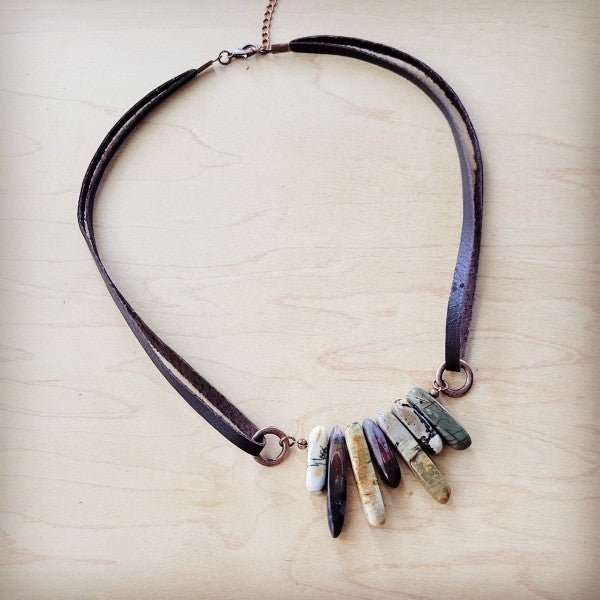 Picasso Jasper Stone Necklace w Genuine Leather - Blu Lotus Boutique