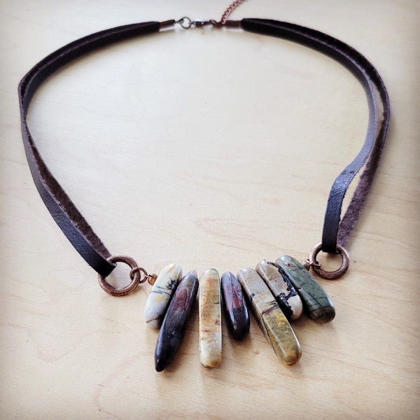 Picasso Jasper Stone Necklace w Genuine Leather - Blu Lotus Boutique