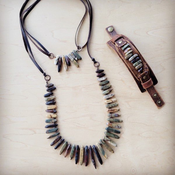 Picasso Jasper Stone Necklace w Genuine Leather - Blu Lotus Boutique