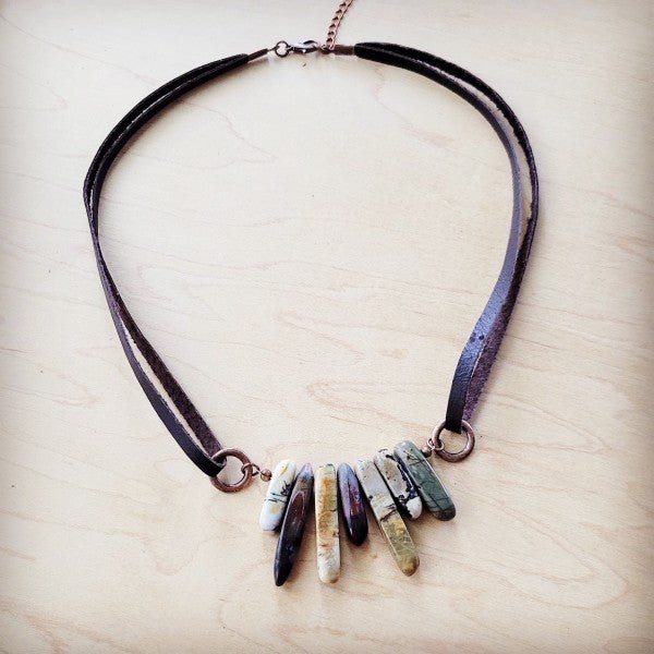 Picasso Jasper Stone Necklace w Genuine Leather - Blu Lotus Boutique