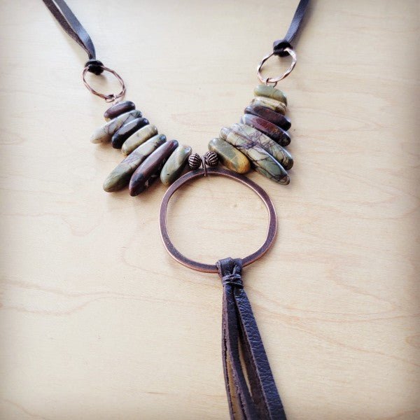 Picasso Jasper w Copper Hoop&Genuine LeatherTassel - Blu Lotus Boutique