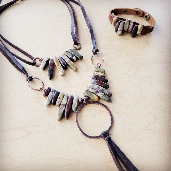 Picasso Jasper w Copper Hoop&Genuine LeatherTassel - Blu Lotus Boutique