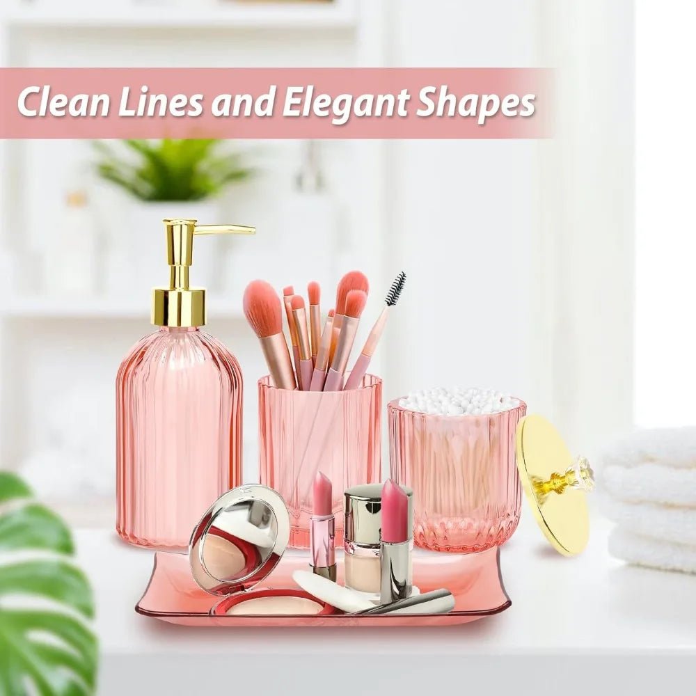 pink bathroom accessories set, 4 pcs glass bathroom accessory sets, soap dispenser, toothbrush holder, qtip holder, vanity tray - Blu Lotus Boutique