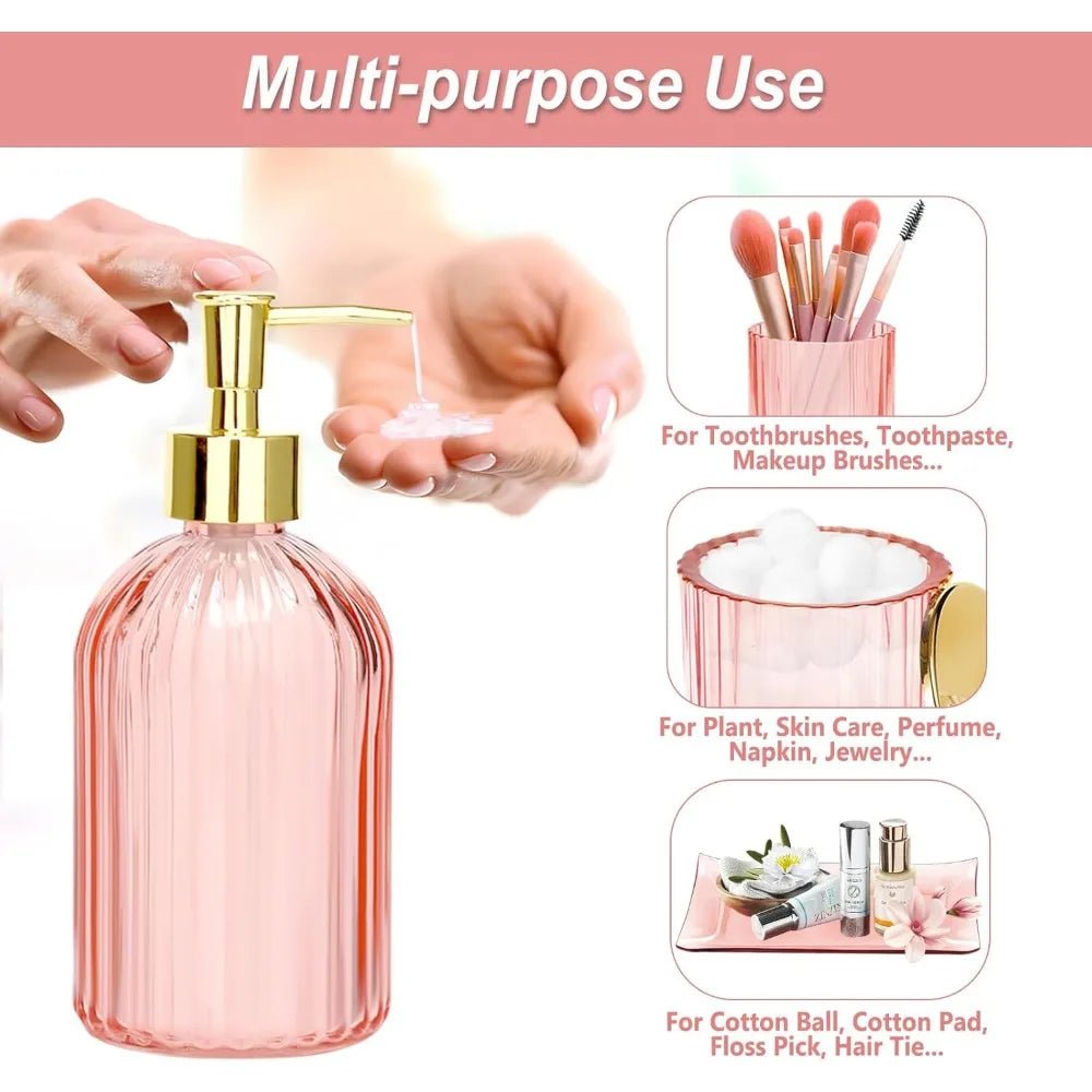 pink bathroom accessories set, 4 pcs glass bathroom accessory sets, soap dispenser, toothbrush holder, qtip holder, vanity tray - Blu Lotus Boutique