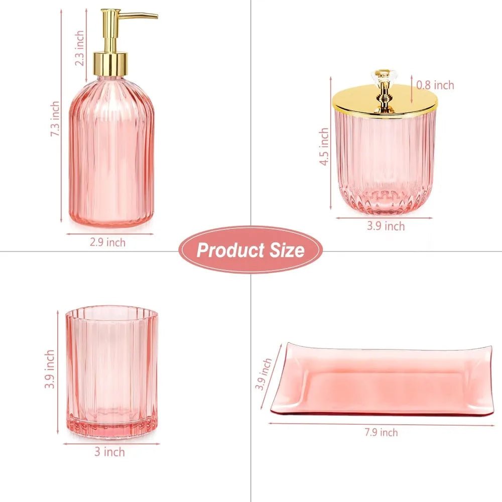 pink bathroom accessories set, 4 pcs glass bathroom accessory sets, soap dispenser, toothbrush holder, qtip holder, vanity tray - Blu Lotus Boutique