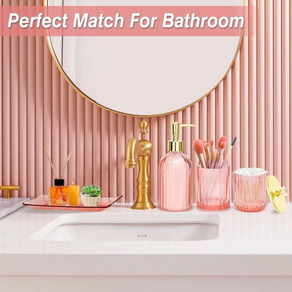 pink bathroom accessories set, 4 pcs glass bathroom accessory sets, soap dispenser, toothbrush holder, qtip holder, vanity tray - Blu Lotus Boutique