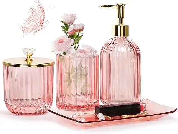 pink bathroom accessories set, 4 pcs glass bathroom accessory sets, soap dispenser, toothbrush holder, qtip holder, vanity tray - Blu Lotus Boutique