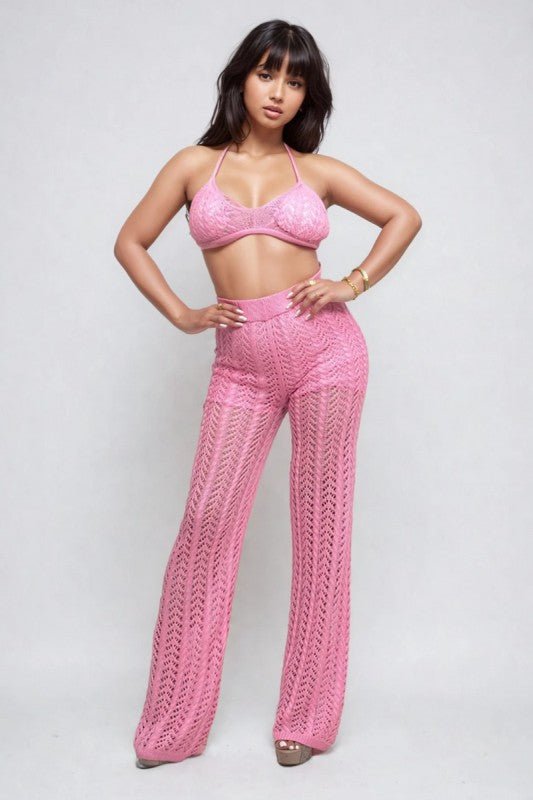 Pink Crochet Halter & Pant Set - Blu Lotus Boutique