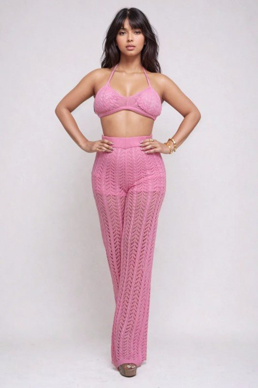 Pink Crochet Halter & Pant Set - Blu Lotus Boutique