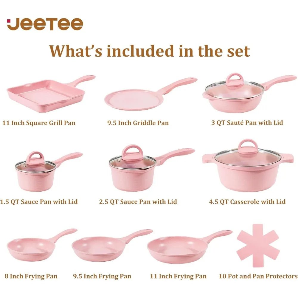Pink Pots and Pans Set Nonstick 23pcs, Healthy Kitchen Cookware Sets, Induction Cooking Set Pink Frying Pans, Saucepans, Sauté - Blu Lotus Boutique