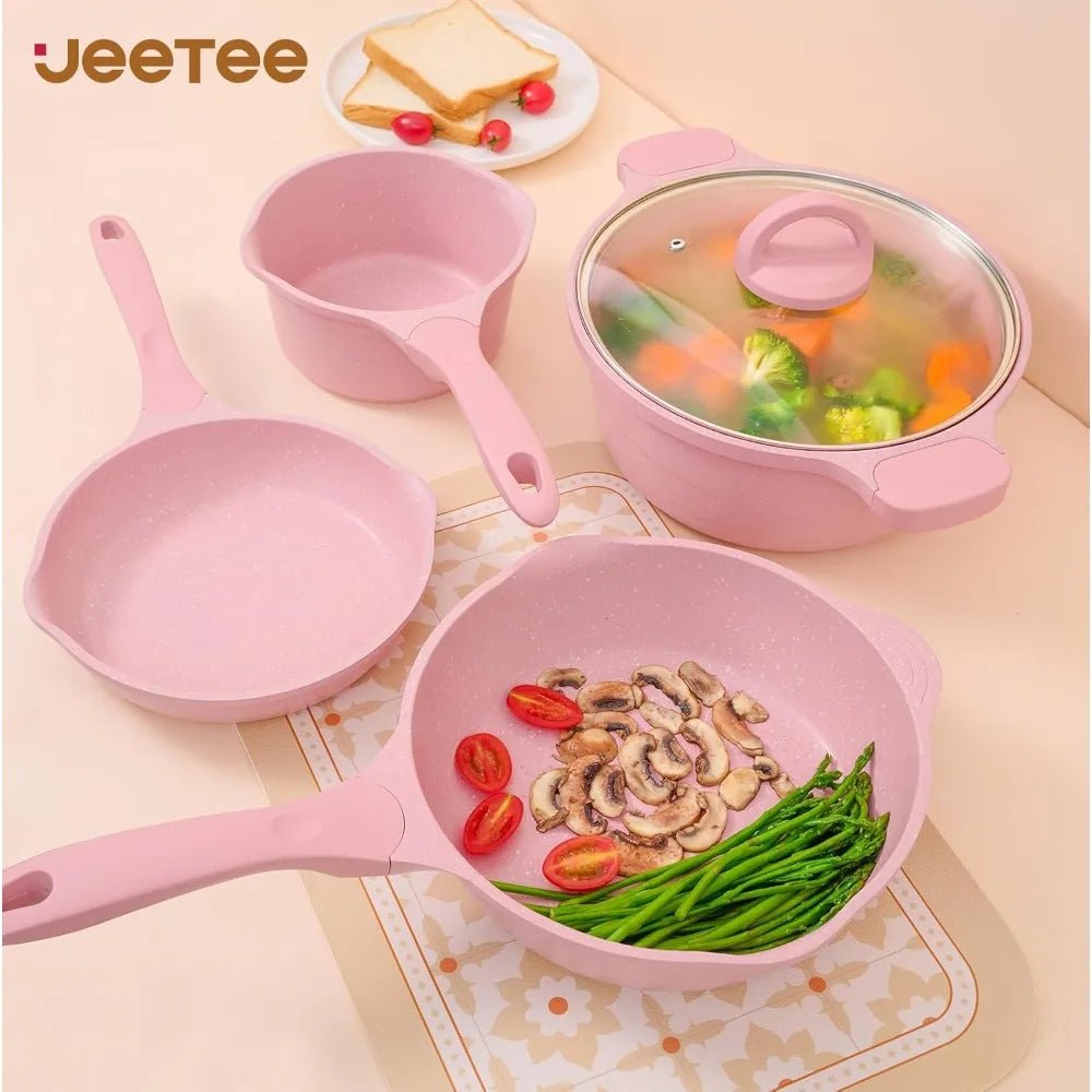 Pink Pots and Pans Set Nonstick 23pcs, Healthy Kitchen Cookware Sets, Induction Cooking Set Pink Frying Pans, Saucepans, Sauté - Blu Lotus Boutique