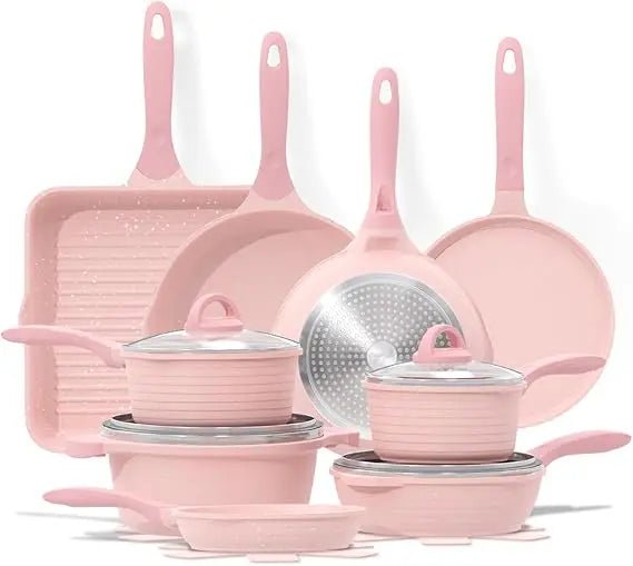 Pink Pots and Pans Set Nonstick 23pcs, Healthy Kitchen Cookware Sets, Induction Cooking Set Pink Frying Pans, Saucepans, Sauté - Blu Lotus Boutique