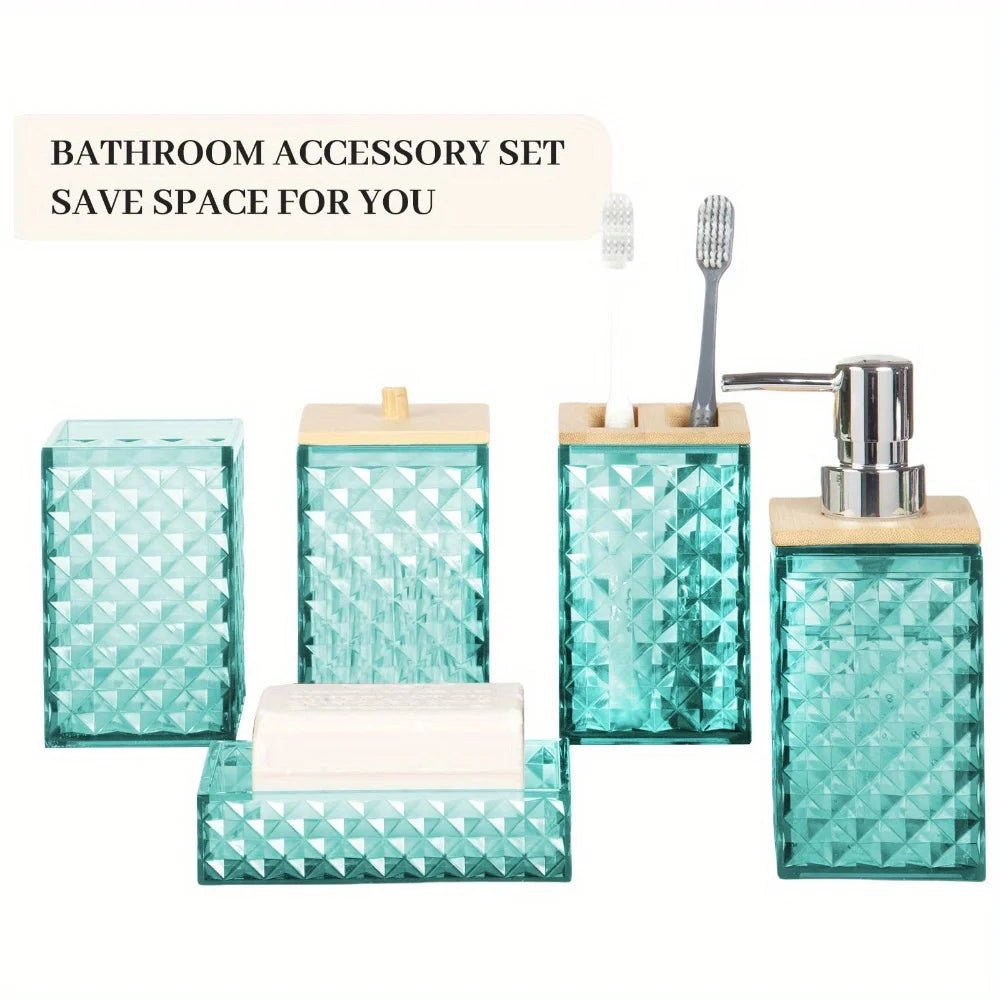 Plaid Plastic Bathroom Accessories Set with Swab Box, Hand Bottle, Soap Box, Toothbrush Holder & Mouthwash Cup, Modern Bathroom - Blu Lotus Boutique