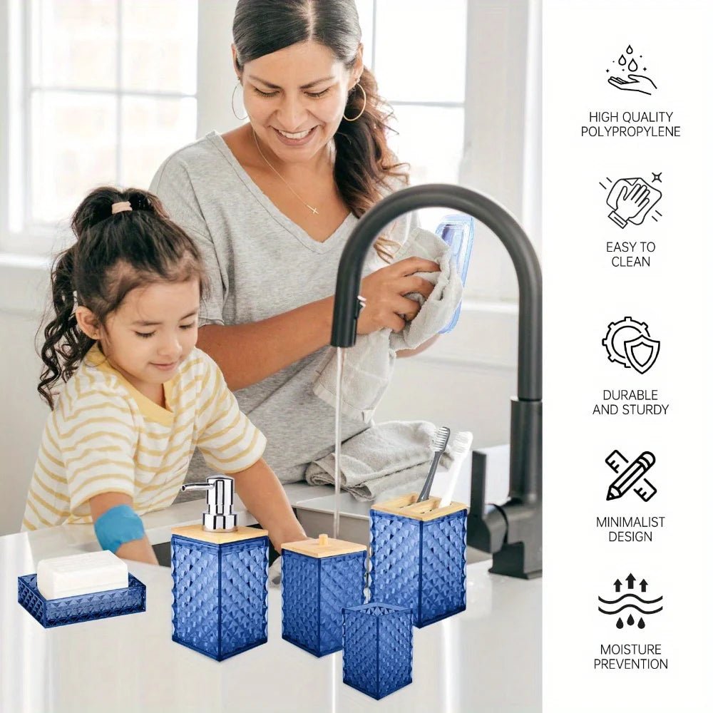 Plaid Plastic Bathroom Accessories Set with Swab Box, Hand Bottle, Soap Box, Toothbrush Holder & Mouthwash Cup, Modern Bathroom - Blu Lotus Boutique