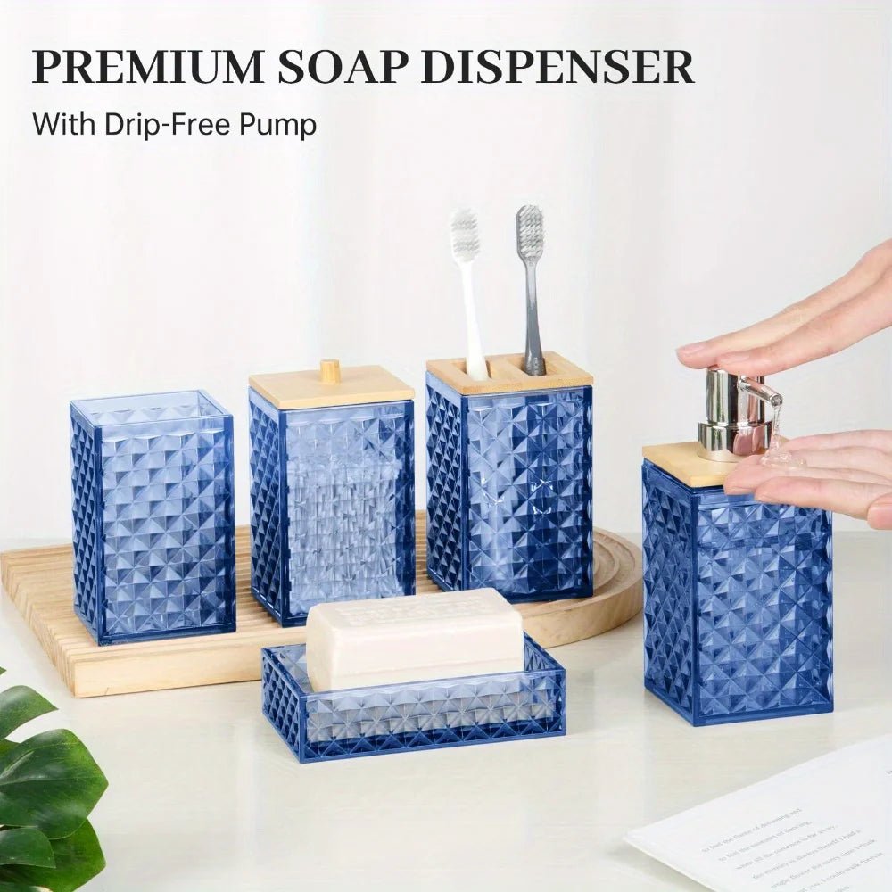 Plaid Plastic Bathroom Accessories Set with Swab Box, Hand Bottle, Soap Box, Toothbrush Holder & Mouthwash Cup, Modern Bathroom - Blu Lotus Boutique