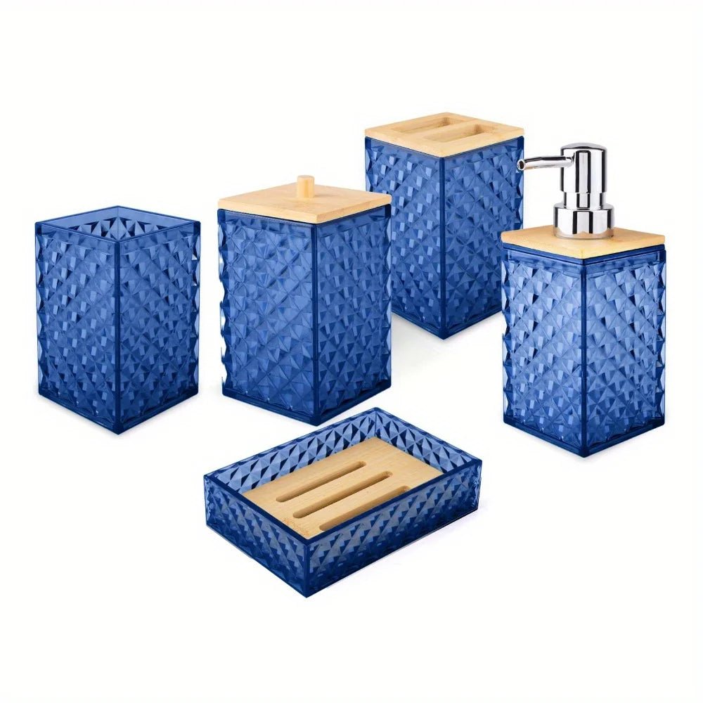 Plaid Plastic Bathroom Accessories Set with Swab Box, Hand Bottle, Soap Box, Toothbrush Holder & Mouthwash Cup, Modern Bathroom - Blu Lotus Boutique
