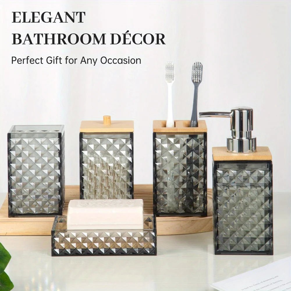 Plaid Plastic Bathroom Accessories Set with Swab Box, Hand Bottle, Soap Box, Toothbrush Holder & Mouthwash Cup, Modern Bathroom - Blu Lotus Boutique
