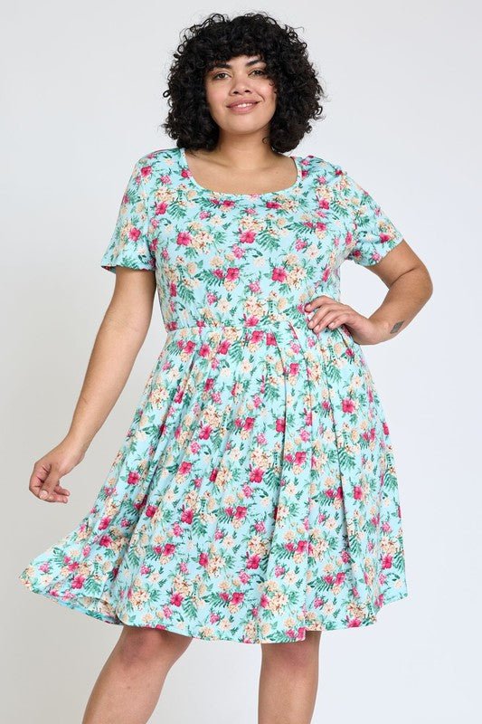 Plus Floral Short Sleeve Pleated Midi Dress - Blu Lotus Boutique