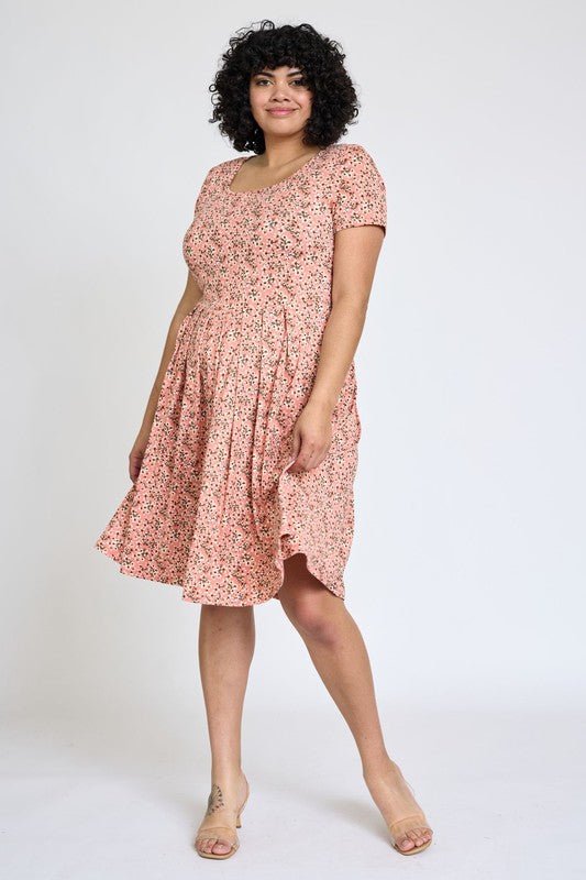 Plus Floral Short Sleeve Pleated Midi Dress - Blu Lotus Boutique