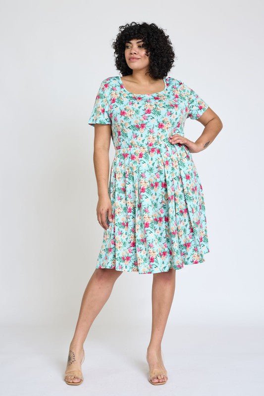 Plus Floral Short Sleeve Pleated Midi Dress - Blu Lotus Boutique