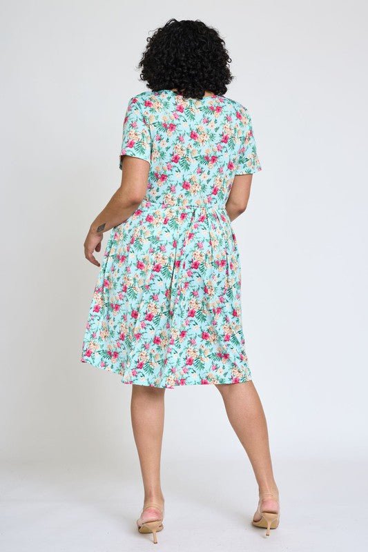 Plus Floral Short Sleeve Pleated Midi Dress - Blu Lotus Boutique