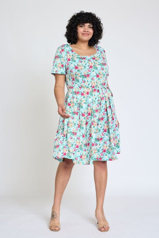 Plus Floral Short Sleeve Pleated Midi Dress - Blu Lotus Boutique