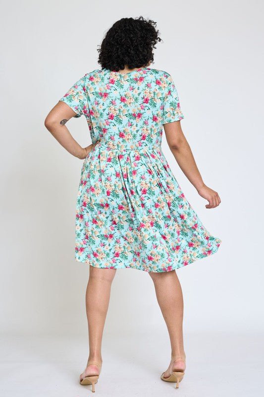 Plus Floral Short Sleeve Pleated Midi Dress - Blu Lotus Boutique
